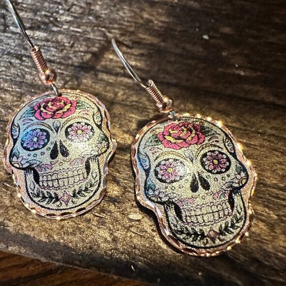 Handmade Boho Copper Earrings, Day of The Dead Rose Wire Earrings, Gift Box - Picture 1 of 10